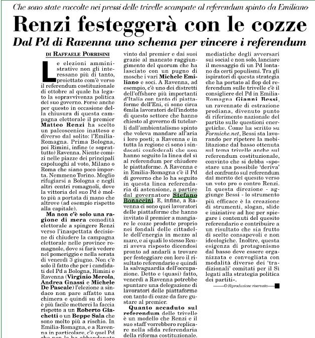 “Renzi festeggerà con le cozze”